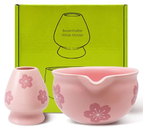 Cyiecw Lot de 2 bols à matcha rose Sakura - En céramique - Avec bec verseur et porte-balai - Pour la préparation de thé Ursi, Koicha et Matcha