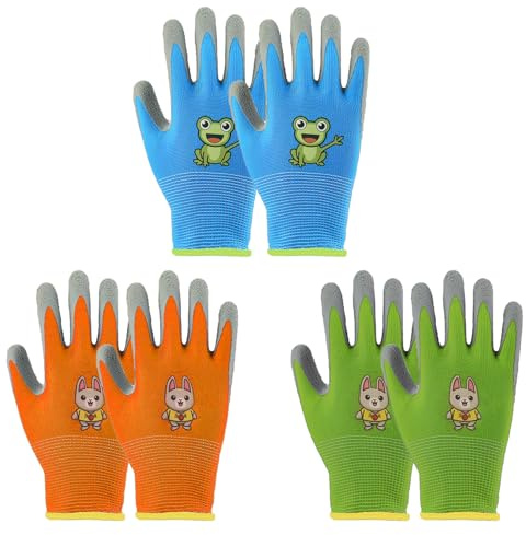 xolear 3 Paar Kinder Arbeitshandschuhe, Gartenhandschuhe für Kinde mit Natürlicher Latexschicht und Dehnbarem Gewebe, Atmungsaktive Rutschfeste Schutzhandschuhe für 5–7 Jahren, Mehrfarbig