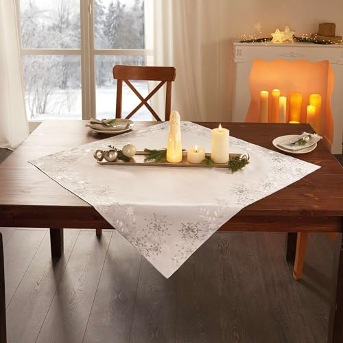 FRANK FLECHTWAREN Tischdecke Schneezauber, weiß, 100% Polyester Maße: 85 x 85 cm