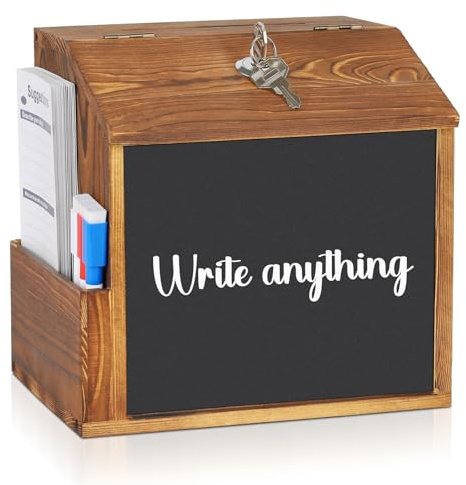 Nymblis Lockable Suggestion Box with Blackboard and Slot | Wooden Donation Boxes for Charity, 3 Pens and 50 Cards, for Collect Ballot, Comment, Feedback, for Office, School, Home