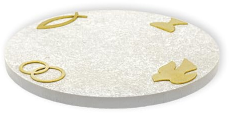 FRITZ COX Steinteller Kalksteinoptik – Kerzenteller für Kerzen bis 9 cm – mit Messingauflagen (Fisch, Taube, Kelch, Ringe) – Symbol der Sakramente – rutschfest durch Gumminoppen | 15cm Ø