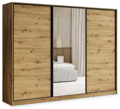Masseno Schwebetürenschrank TARI 250/205/58 cm Kleiderschrank mit 4 Schubladen Schlafzimmer Schiebetürenschrank 3-türig mit Spiegel Eiche Artisan