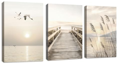 3 Pcs Beige Küste Landschaft Leinwandbilder Bilder mit Rahmen, Sonnenuntergang Meer Wandbilder Ästhetisch Schilf Brücke Möwen Modern Bild Auf Leinwand Deko für Wohnzimmer Schlafzimmer Küche 40x60cmX3