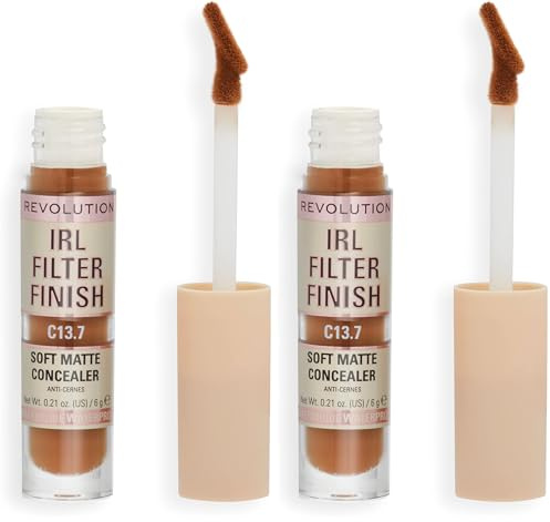 Makeup Revolution IRL Filter Finish Concealer, Medium to Full Coverage, Matte Finish, C13.7, Dark Skin Tones, 6g (Pack of 2)