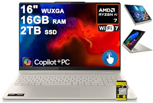 Lenovo Yoga 7 Ordinateur portable 2 en 1 16 WUXGA IPS Touch (brillant anti-traces de doigts) AMD 8 cœurs Ryzen AI 7 350 (jusqu'à 50 AI Tops) 16 Go de RAM 2 To SSD pour Creator Business Professional