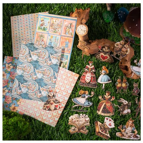 100Pcs Scrapbook Zubehör Sticker,Washi&Karton Alice Stickers für Journaling | Journaling Zubehör Sticker Set,Märchen Aufkleber für Scrapbooking,Bullet Journal,Junk Journaling,Crafts,Cards,Laptop,Adults