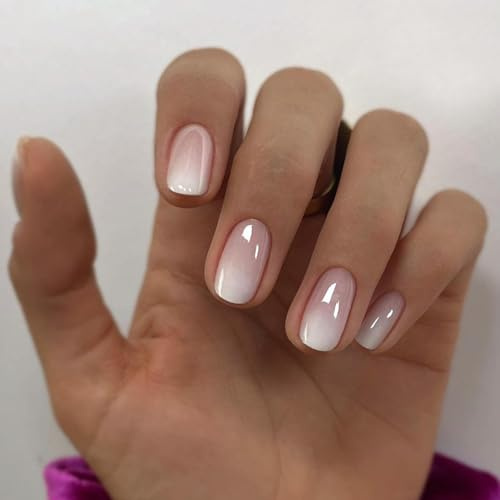 24Pcs Press On Nails Short, Nude Pink Ombre Glossy Full Cover Fake Nail-s, Rounded Acrylic Stick On Nails For Women, Reusable Short Nail Tips With Glue For Daily Wear