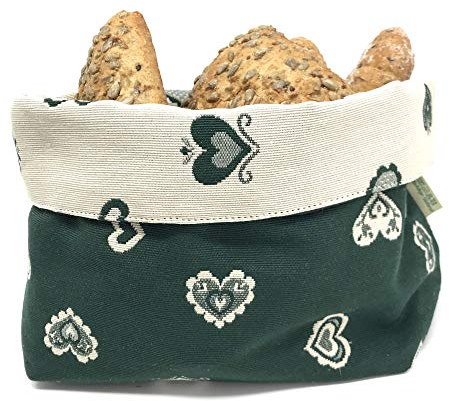 Gaidra Cesto Pane Cestino Portapane in Tessuto Stoffa Doubleface in Stile Tirolese Montagna con Cuori - Sacchetto di Design Fatto con qualità Artigianale - 20 x 20 x 10 cm, Verde Doubleface