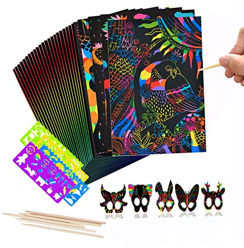 Scratch Art for Kids, 50 Pcs Magic Rainbow Scratch Paper for Children, Black Scratch Off Paper for Toddler Preschool Girl Boy Holiday Christmas Classroom Birthday Gifts (5.31 x 7.6)
