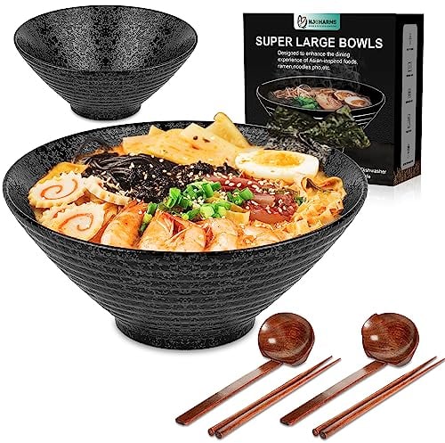 Ceramic Japanese Ramen Noodle Soup Bowl, 2 Sets (6 Piece) 60 Ounce, with Matching Spoon and Chopsticks for Udon Soba Pho Asian Noodles, Large