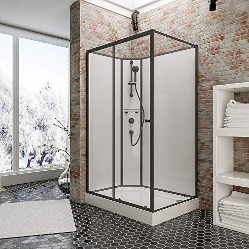 Schulte cabine de douche complète 120 x 90 x 204 cm (bac de douche inclus), profilé noir avec receveur et robinetterie, porte coulissante avec ouverture vers la gauche, verre de sécurité