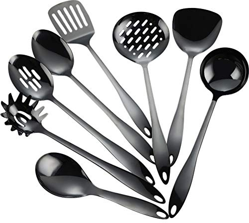 Kelendle Juego de 8 utensilios de cocina de acero inoxidable, antiadherentes, utensilios de cocina chapados en titanio, espátula ranurada, cucharón, cucharón, apto para lavavajillas