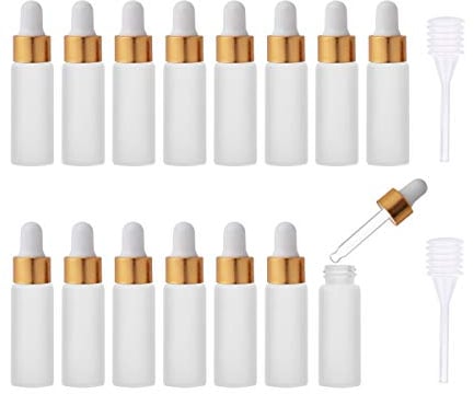 Enslz 15pcs 5ml Mini Empty Frosted Essential Oil Glass Dropper bottle Reusable Bottles Vial Nasal Oil dropper refillable bottle with Metal Screw Mouth lid&rubber Bulb (5ml, Gold)