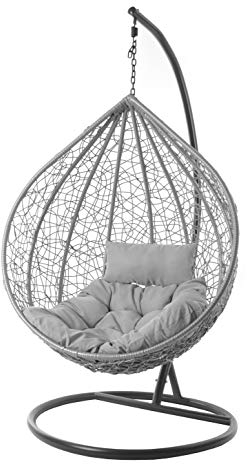 Kideo® Komplettset: großer Hängesessel mit Gestell & Kissen, Lounge Möbel, Poly-Rattan, XXL, grau (Kissen: grau Chester (8008 Cloud))