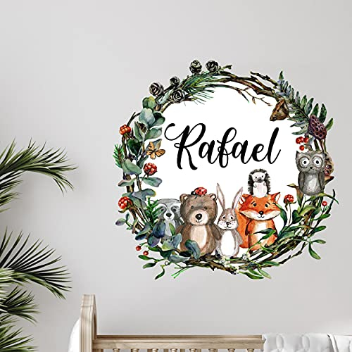 Waldtiere mit WUNSCHNAME V299 Wandtattoo personalisierbar Aufkleber Sticker Kinderzimmer Namensaufkleber Name Wunschnamen Türaufkleber Kranz (20 x 20 cm)