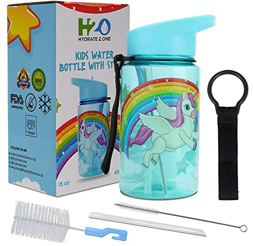 HYDRATE 2.ONE Kids Water Bottles for Boys and Girls with Cleaner Brushes, 400 ml Unicorn Water Bottle 100% Leak Proof | BPA Free | Flip Nozzle Water Bottles with Straw for Hot and Cold Drinks