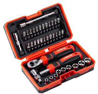 Meister Bit-, Steckschlüssel-Satz 38-teilig-1/4 Zoll Antrieb-Carbonstahl-Übersichtliche Aufbewahrungsbox-Inklusive Schraubgriff&Umschaltknarre/Knarrenkasten/Ratschenkasten / 8429600, Rot/Schwarz