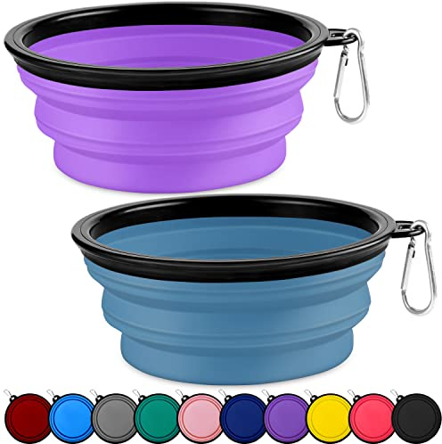 Cuencos plegables para perros, paquete de 2 unidades, tamaño grande para perros grandes/medianos, cuenco de agua portátil de viaje con 2 mosquetones