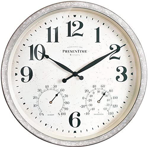 Presentime & Co 16 Farmhouse in/Outdoor Clock with Thermometer&Hygrometer as All in One Weather Station, Galvanized Décor, Wall Art and Timepiece for Farmhouse Decoration, Light Galvanized Finish