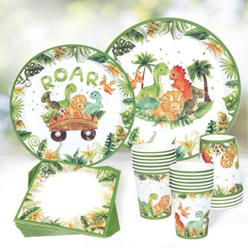 QIFU Vajilla Para Fiesta De Dinosaurios - 96 Piezas Dinosaurio Platos Tazas y Servilletas Platos De Papel Verde Para La Fiesta De Dinosaurios Jungle Safari Dinosaurio Fiesta De Cumpleaños Decoración