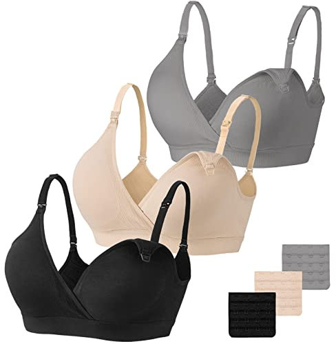 Vinfact Nursing Bra 3 Pack Seamless V Neck Maternity Bra Women Pregnancy Breastfeeding Bra(A-Black,Nude,Grey,M)