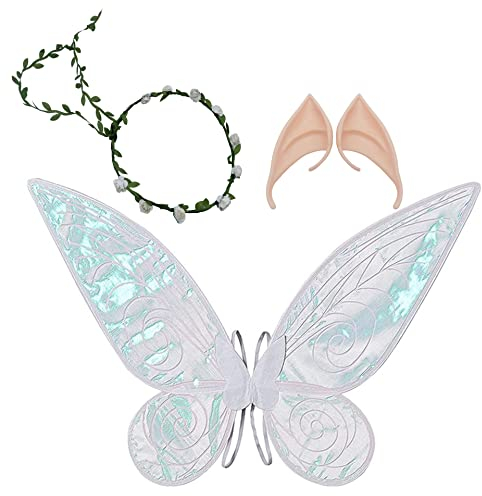 Feenflügel Kostüm, Damen Mädchen Schmetterlingsflügel Elfenflügel mit Elfenohren Blumenkranz Halloween Kostüm Zubehör Karneval Fee Party Schmetterling Kostüm Feenkostüm für Kinder Erwachsene (Weiß)