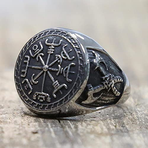 XJruixi Vintage Viking Compass Ring For Men Boy Nordic 316L Stainless Steel Pirate Double Axe Ring Biker Amulet Jewelry Gift Size 7-15
