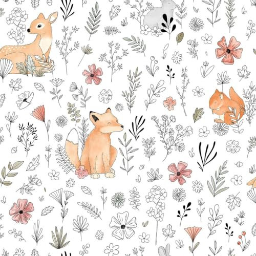 Children's Animal Print Floral Wallpaper - White Grey Pink - Rabbit Deer Fox Squirrel Flowers - Paste The Wall