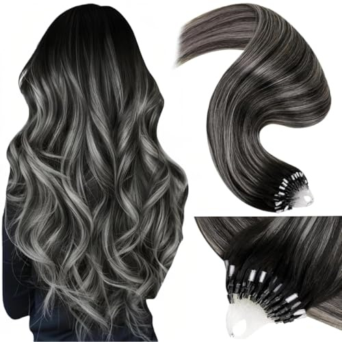 LaaVoo Black Micro Loop Hair Extensions Real Human Hair 24 Inch Remy Straight Balayage Natural Black & Silver Invisible Micro Ring Hair Extensions 50g 50s #1b/s/1b