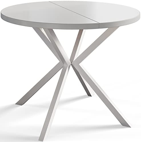 AlpiMeble Esszimmertisch Ausziehbarer 100-180cm, Weiß, Weiße Metallbeine | Runder Tish Loft Liten, Wohnzimmertisch, Küchentisch und Esszimmertisch
