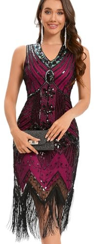 Viloree Robes Femme Flapper V Neck des années 1920 Perles frisées Grande Robe Gatsby Rose Noir 3XL