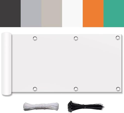 Ufamiluk Toile Balcon Brise Vue Blanc avec Oeillets Attaches de câble et Cordons Solaire Cache terrasse Brise Vue pour Balcon Jardin Patio Terrasse 110x1600cm