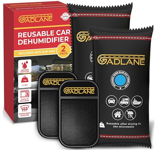GADLANE Deshumidificador Coche Reutilizable - 2 unidades, 1kg Absorbente de Humedad, Deshumidificador para Coche con Alfombrilla Antideslizante, Bolsas de Gel de Sílice, Elimina Condensación y Vaho