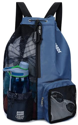 WANDF Swim Bag Mesh Drawstring Backpack with Wet Pocket for Swimming, Gym, and Workout Gear (Dark Blue)