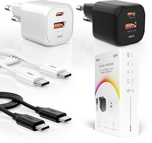 DEKO 2x Caricatore USB C 20W 2 Porte USB C, USB A, Alimentatore GaN con Cavo USB C 100W + Etui, Caricabatterie USB C Compatibile con iPhone, Samsung, Xiaomi, Huawei, OnePlus, iPad e altri