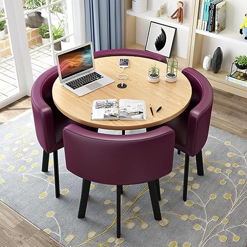 Rundes Esstisch-Set mit 4 Stühlen, Tische und Stühle für kleine Büro- und Konferenzräume, Moderne Freizeit-Esszimmermöbel für die Küche, Lounge und Wohnzimmer (80 cm, PU-Lila)