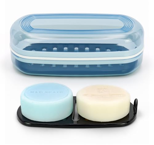 OZNER Clear Travel Soap Case Compatible with Kitsch - Leak-Proof Multi-Use Soap Holder with Draining Layer for Shampoo Bars, Gym, Travel & Camping​​​​ (Blue,1 Pack