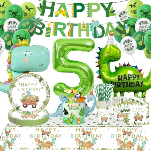 Dino Geburtstag Deko 5 Jahre,Dinosaurier Partygeschirr Geburtstagsdeko, Geburtstagsdeko 5 Jahre Junge, Dino Ballons Servietten etc Geburtstagsdeko Supplies für Party Kindergeburtstag Deko 16 Gäste