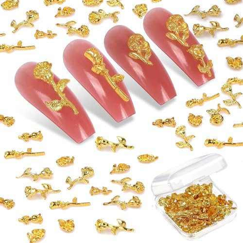 Rose Nail Charms, 50PCS 3D Gold Silver Flower Rose Golden Metallic Mini Alloy Nail Art Decals DIY Nail Accessories for Women Girls (Gold)