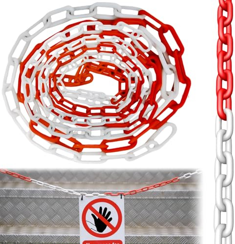 15m Absperrkette, 6mm Absperrkette Rot Weiß Kunststoff, Rot Weiß Plastikkette/Kunststoff Warnkette, Baustellensicherungskette, Kunststoff-Gliederkette zum Absperren für Warnsicherheit Parkplatz