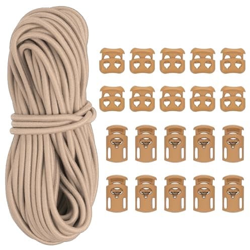 PATIKIL 16 Yard Elastic Bungee Cord & 10pcs Single Hole Cord Lock & 10pcs Double Hole Spring Toggle Stopper for Paracord Drawstring Shoelace Clothing Backpack Bags, Khaki
