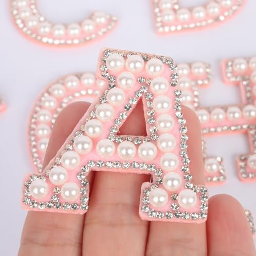 Lollanda 26Pcs Bride Rhinestone Iron On Patches, Pearl Letters Iron On, Sew On Letter Patches for Clothing Hats Shoes DIY Craft Supplies (Pink)