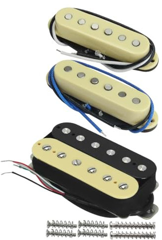 FLEOR Alnico 5 HSS Set Staggered Single-Coil + Humbucker Pickup Fit Fender Strat Guitare électrique Manche + Milieu + Bridge Pickup (14-15K) Crème