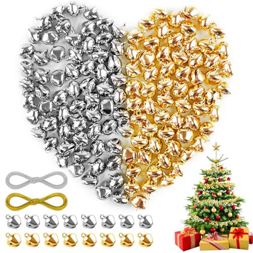 Amentalove 140 Pezzi Campanelle Natalizie, 14mm Campanellini Sonagli Piccoli, Mini Campanelli, Jingle Bells di Natale con cavo da 4 metri, Campanellini Natalizi per Fai Da Te Decora Natalizie E Festa