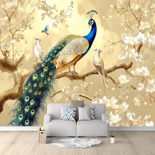 Peacock White Flower Golden Yellow Photo Wallpaper Golden 200x140 cm Non-Woven Art Print Wall Mural Decoration Poster Picture Design Modern Living Room Kitchen Bedroom Wall Mural