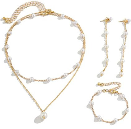 FDEETY Braut Schmuck für Damen - Perle Halskette, Ohrringe, Armband Gold Hochzeit Set Perlenschmuck