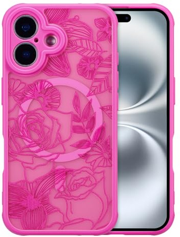 XIZYO Magnetic Rose Flower Case for iPhone 16 6.1 Inch, Rose Red | Compatible with MagSafe, Cute Aesthetic Floral Pattern, Translucent Frosted Touch, Girly Design, Shockproof Anti-Yellow
