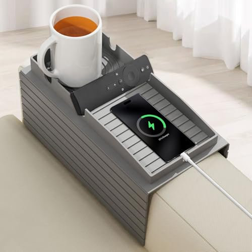 CIGAA Silikon Sofa Armlehne Tray, Flexibler und klappbarer Couchtisch mit Rutschfester Oberfläche für Snacks, Telefon, Fernbedienung, Tassen - Grau