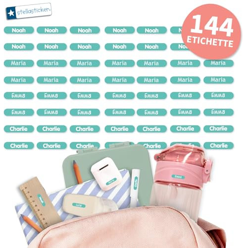 Stellasticker - Adesivi personalizzati mini sfondo colorato - Ideali per nominare i piccoli oggetti con nome. Etichette per la scuola. Resistenti in lavastoviglie. Dim: 2x0,4cm. (Oceano, 144)