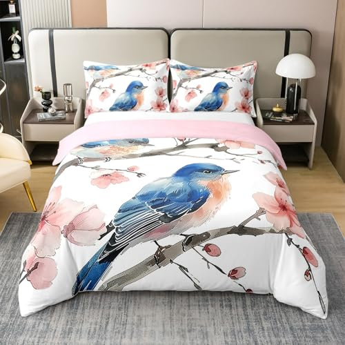 Kolibri 100% Baumwolle Bettbezug 135x200 Schlafzimmer Dekor,Vogel Paar Bettwäsche Set für Kinder Teens Erwachsene,Japanischer Stil Tröster Bezug,Öl Art Vogel Kirschblüte Bett Set mit 1 Kissenbezug